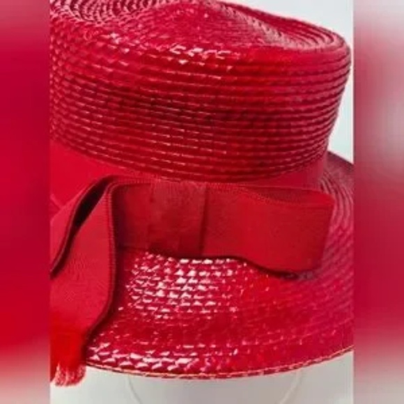 VINTAGE MR. MICHAEL EXCLUSIVE RED WOVEN PAPER STRAW BOATER HAT WIDE BRIM WOMEN main image 10